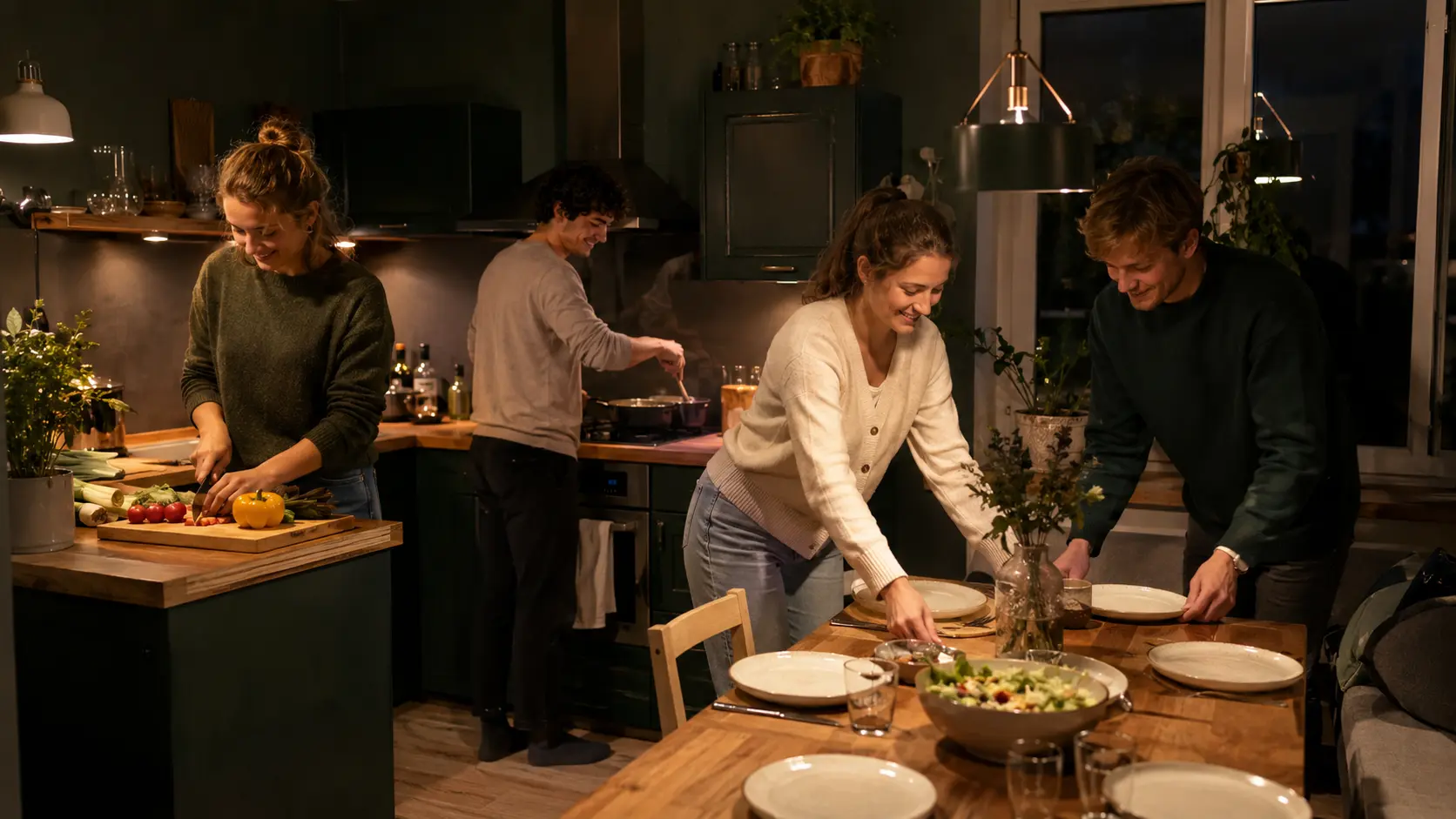 Vier Mitbewohner kochen gemeinsam Abendessen